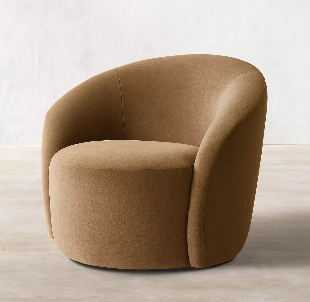 rounded swivel accent chair in dark camel fabric
